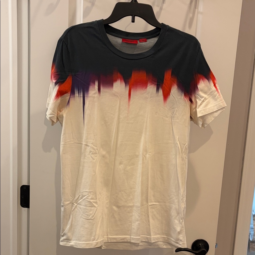 HUGO Black and White Tee with Red and Purple Design